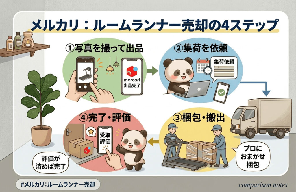 真を撮って出品する
売れたら集荷を依頼する
スタッフが自宅に来て梱包・搬出してくれる
購入者が受け取り、評価が済めば完了

このイラスト