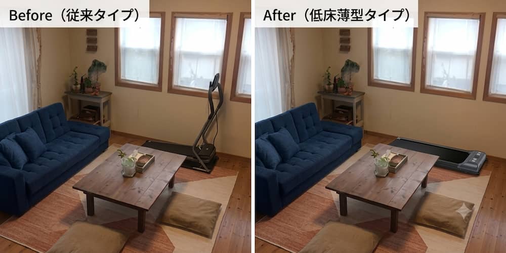 【イラスト②/比較】左:手すりの高い従来型(圧迫感)/右:低床・フラット型(抜け感)。同じ部屋での見え方の違いを並べた比較。
