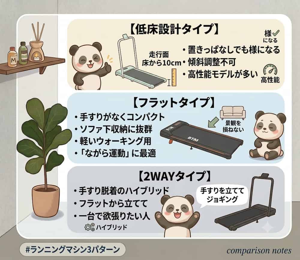 低床設計タイプ/fフラットタイプ/2Wayタイプの説明イラスト